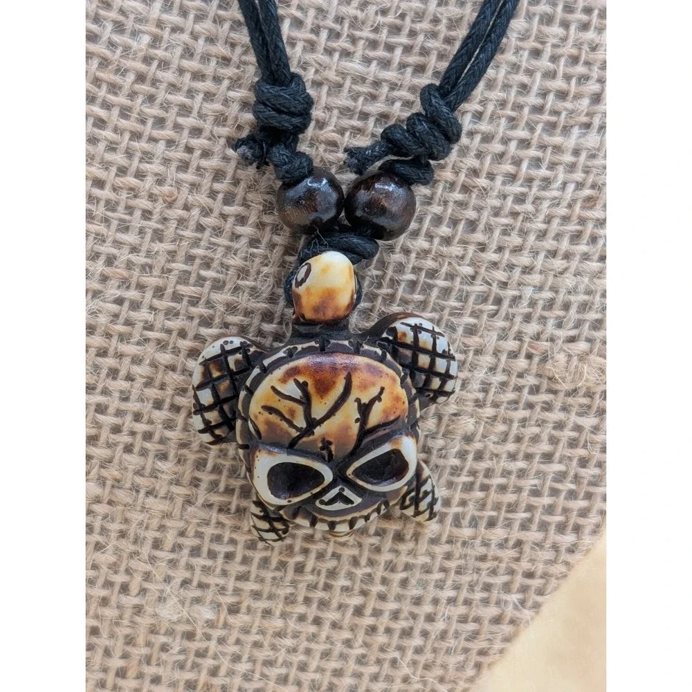 Skull Turtle Pendant Necklace Adjustable Cord Gothic Boho Carved Charm (16